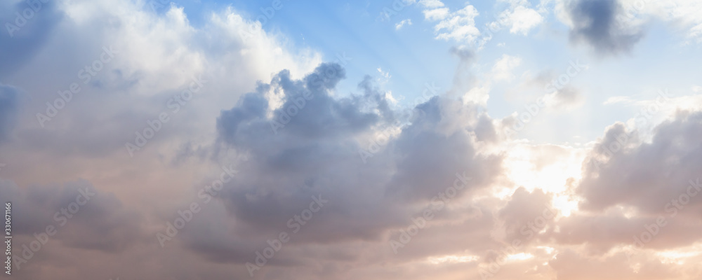 Cloudy sky panorama at sunset, natural background