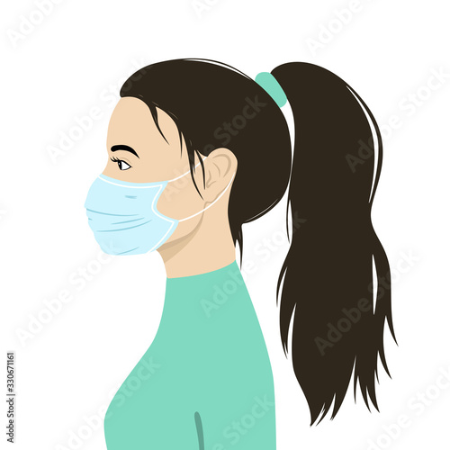 Vector image of a woman's profile in a medical mask. Virus protection. EPS 10