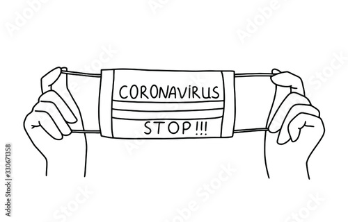 Medical face mask that protects airborne diseases viruses. Defence from Coronavirus. Hand drawn vector .