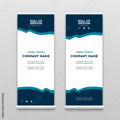 Business Roll Up layout. Presentation template, brochure or flyer in sea colors, vertical banner design, corporate identity cover background, modern publication. Vector, eps10