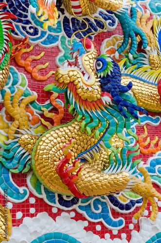 Colorful Dragon Decorate on Chinese Shrine's Wall.