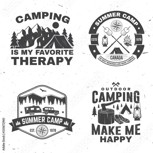 Set of outdoor adventure inspirational quote. Vector. Concept for shirt, logo, print, stamp or tee. Vintage typography design with camper tent, mountain, forest landscape silhouette.