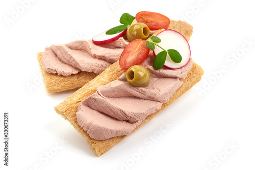 Chicken liver pate sandwich, isolated on white background