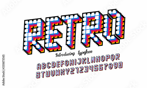Pixel retro font Video computer game design 8 bit letters and numbers Electronic futuristic style Vector abc
