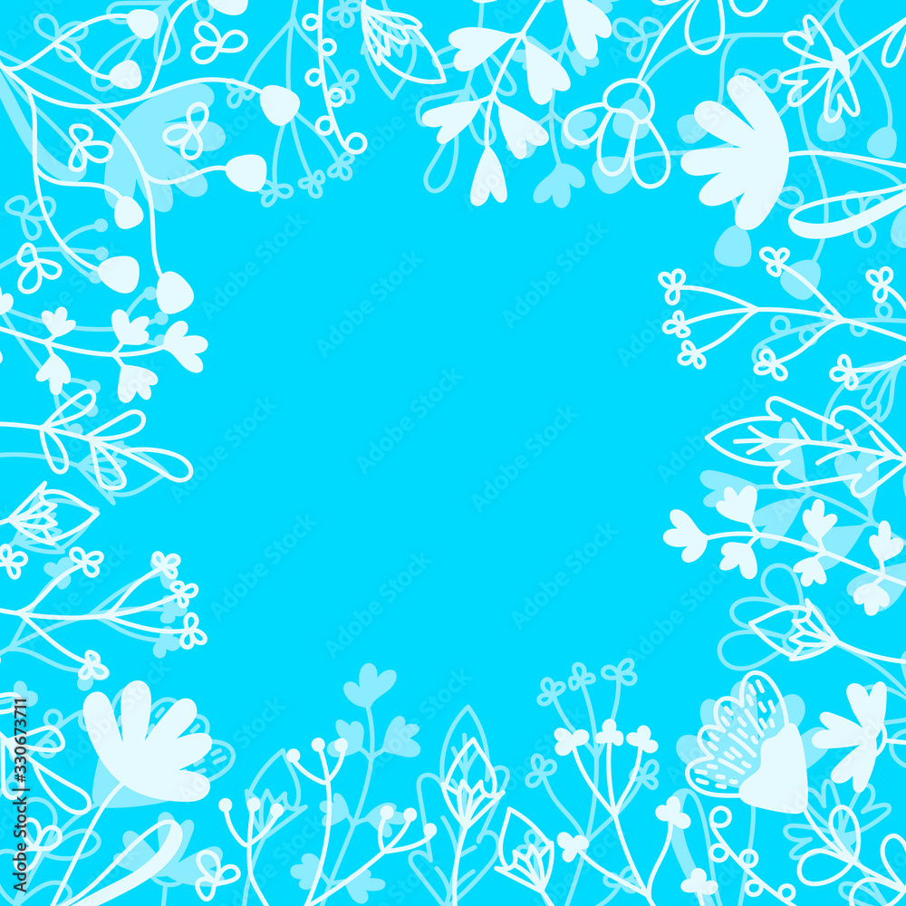 Floral card with place for text. Hand drawn Meadow flowers , leaf and grasses on blue background . Vector illustration.