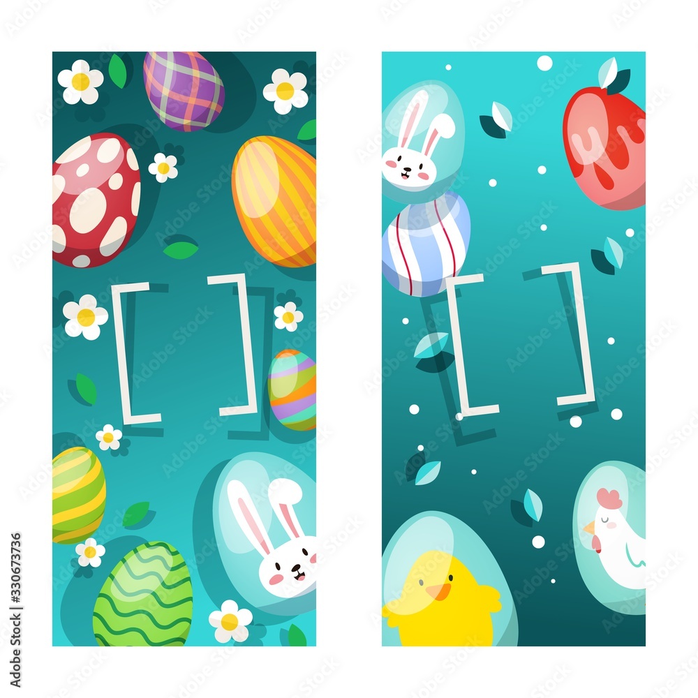 Naklejka premium Easter card with spring flowers and cute baby bunn, decorative eggs in frame cartoon vector illustration. Funny bunny for easter holiday spring flowers card.