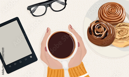 Hands holds a cup of coffee. A cup of coffee with a raisin bun. Top view. Vector illustration.