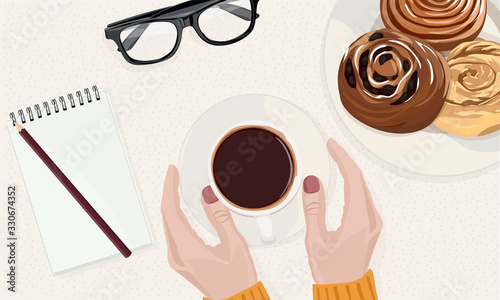 Hands holds a cup of coffee. A cup of coffee with a raisin bun. Top view. Vector illustration.