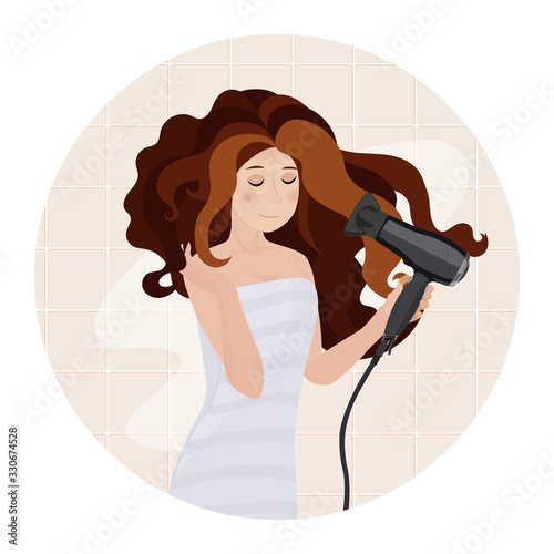 Portrait of beautiful woman, she holding hair dryer. Vector illustration.