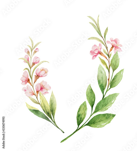 Watercolor vector wreath of pink flowers and almond leaves.