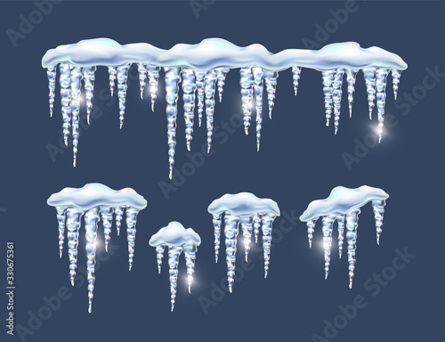 Icicles icy for background, isolated realistic, sparkling. Spring ice is melting.