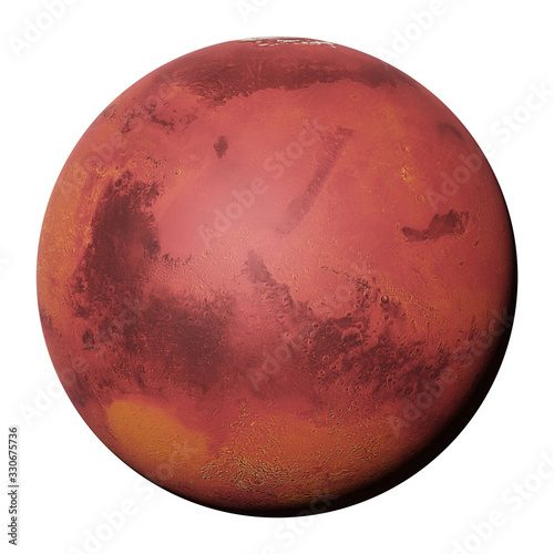 the red planet Mars in natural colors isolated on white background 