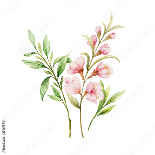 Fotografia Watercolor vector bouquet of pink flowers and almond leaves.