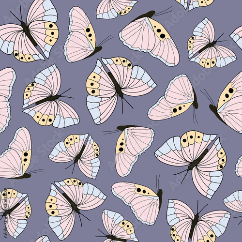 Pink butterfly seamless pattern design on gray background © Elinnet