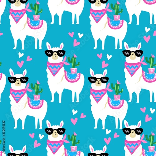 Cute white llama with a scarf and cactus Pattern seamless. Print design for a children's theme. Vector illustration.