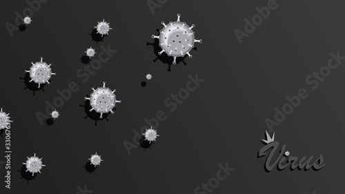 Flying coronavirus. Virus attack. Vector black background, poster with place for text. Vector illustration for science and medical use, informing, preventing spreading viral infections.