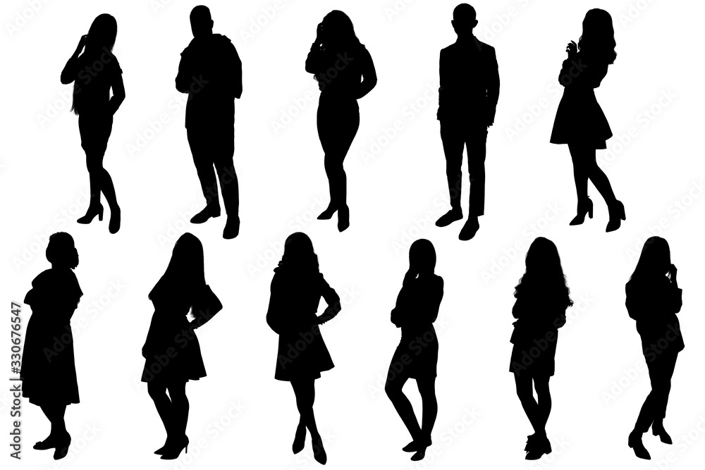Silhouettes of young people, girls and boys. Black silhouette on a white background, contour-6