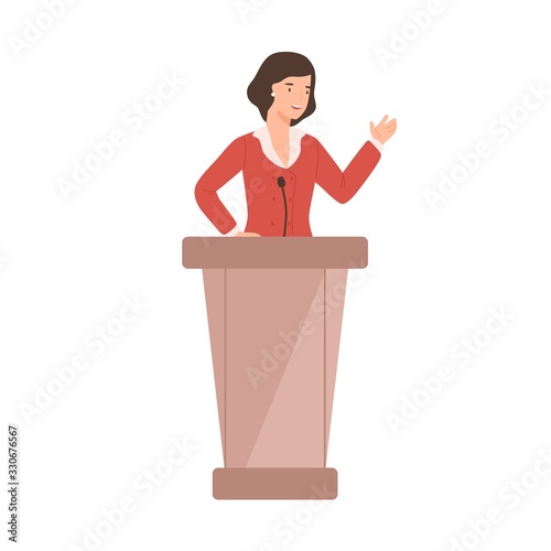 Cartoon female politician perform in front of audience vector flat illustration