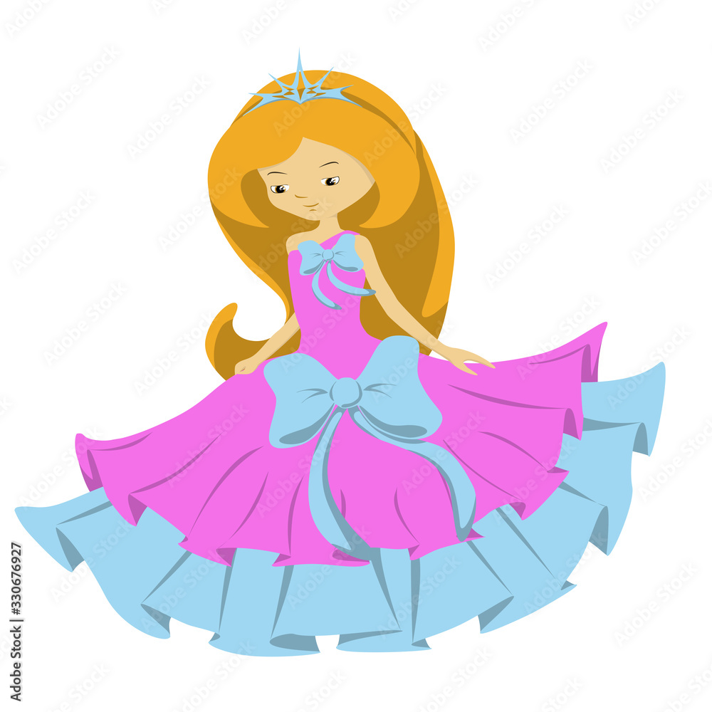 little princess with long hair in pink and blue dress with lush blue bow and with a diadem on a white background little princess with long hair in pink and blue dress with lush blue bow and with a diadem on a white background