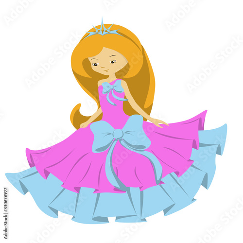 little princess with long hair in pink and blue dress with lush blue bow and with a diadem on a white background