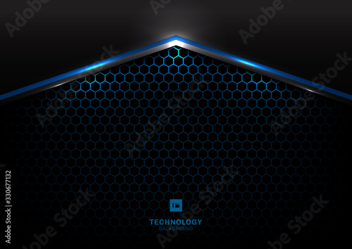 Abstract technology futuristic concept black and gray metallic overlap blue light hexagon mesh design modern background and texture.