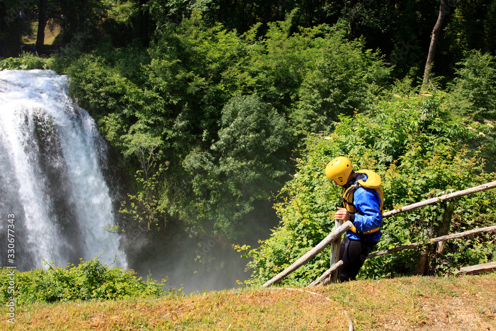 Fototapeta premium Terni (TR), Italy - May 10, 2016: Setting off on a rafting and kayaking trip on river near the famous Marmore waterfall, Terni, Umbria, Italy