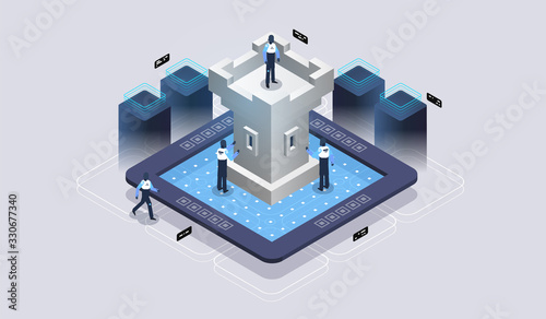 Concept of data network management .Vector isometric map with business networking servers. Data protection.