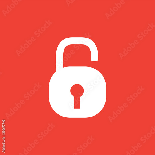 Open Lock Icon On Red Background. Red Flat Style Vector Illustration.