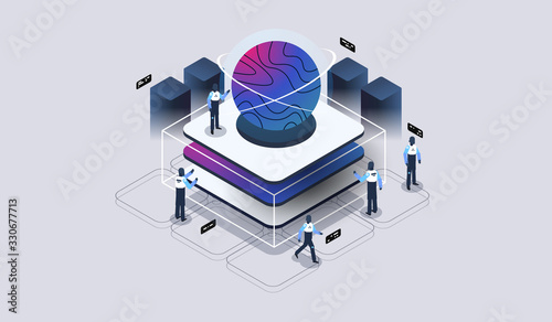 big data processing, data center warehouse, data science, server room. Tech visualization. Modern isometric illustration.
