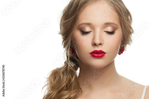 Beautiful face. Young blonde model woman with clear skin isolated