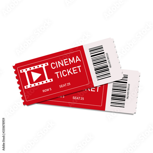 Two red cinema tickets isolated on white background. Close up top view on two movie tickets. Realistic front view. Coupon of concert, theatre or film. Cards entrance with row and seat numbers. Vector