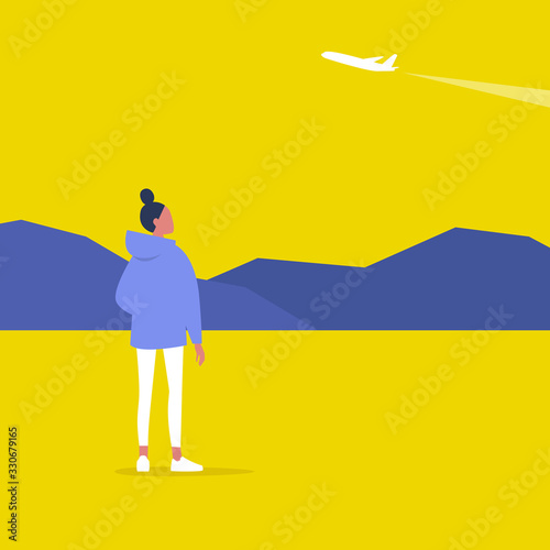 Young female character spotting a plane, outdoor leisure, modern lifestyle