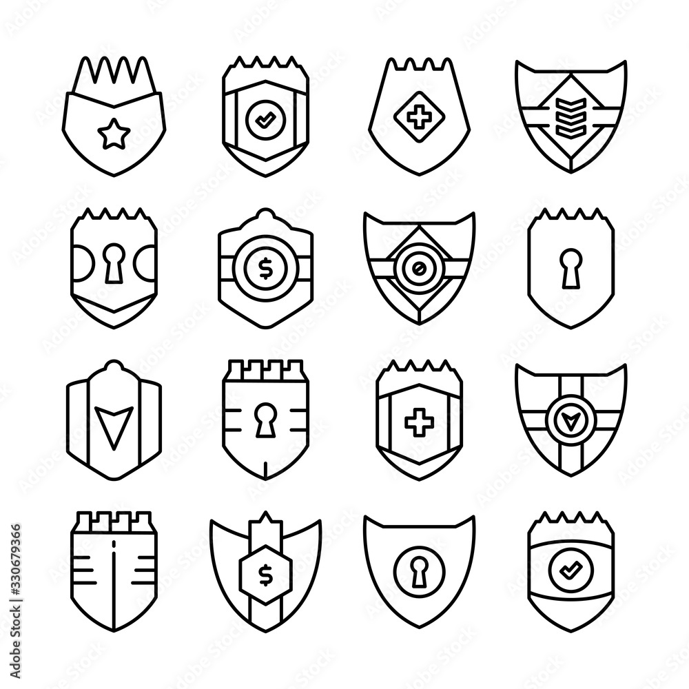 shield, badge and insignia icons set line design shield, badge and insignia icons set line design