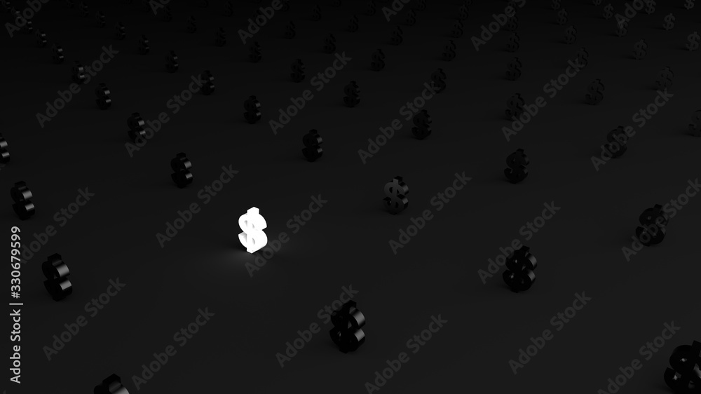 3D rendering. The Glowing white Money symbol is surrounded by many black Money symbol. Striking white Money symbol. Glowing white Money symbol, Isolated on Simple black background, Minimalist Black. 3D rendering. The Glowing white Money symbol is surrounded by many black Money symbol. Striking white Money symbol. Glowing white Money symbol, Isolated on Simple black background, Minimalist Black.