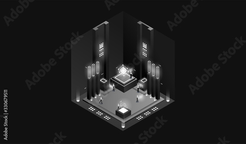 dark laboratory interior. Data visualization. futuristic industrial building. Dark isometric illustration.