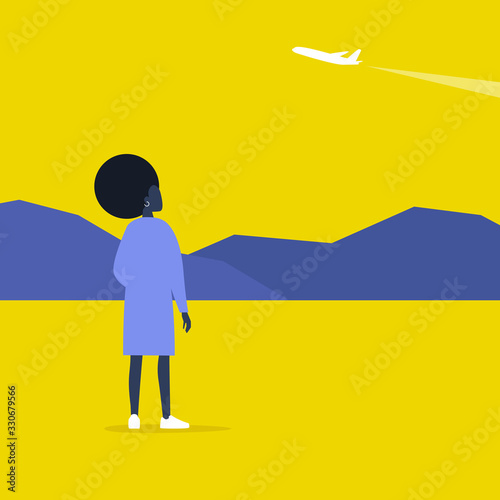 Young black female character spotting a plane, outdoor leisure, modern lifestyle