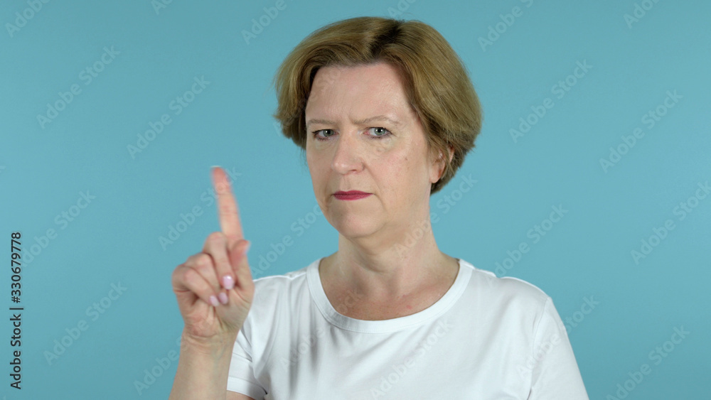 The Old Woman Waving Finger to Refuse Isolated on Blue Background
