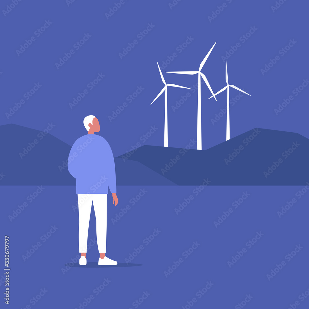 Fototapeta premium Renewable energy source, young male character looking at the wind turbines on the horizon, Eco friendly responsible behaviour, sustainability