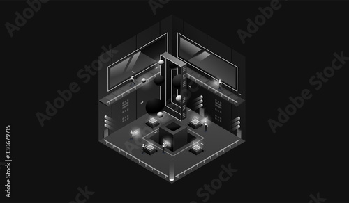 dark laboratory interior. Data visualization. futuristic industrial building. Dark isometric illustration.