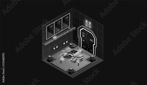 dark laboratory interior. Data visualization. futuristic industrial building. Dark isometric illustration.