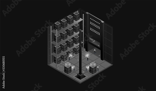 dark laboratory interior. Data visualization. futuristic industrial building. Dark isometric illustration.
