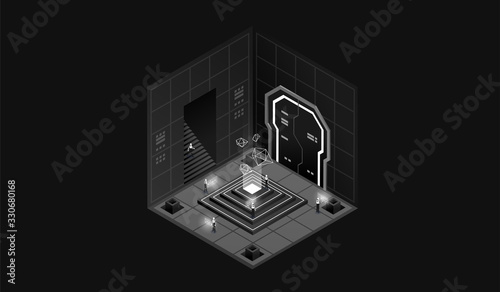 dark laboratory interior. Data visualization. futuristic industrial building. Dark isometric illustration.