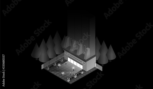 dark laboratory interior. Data visualization. futuristic industrial building. Dark isometric illustration.