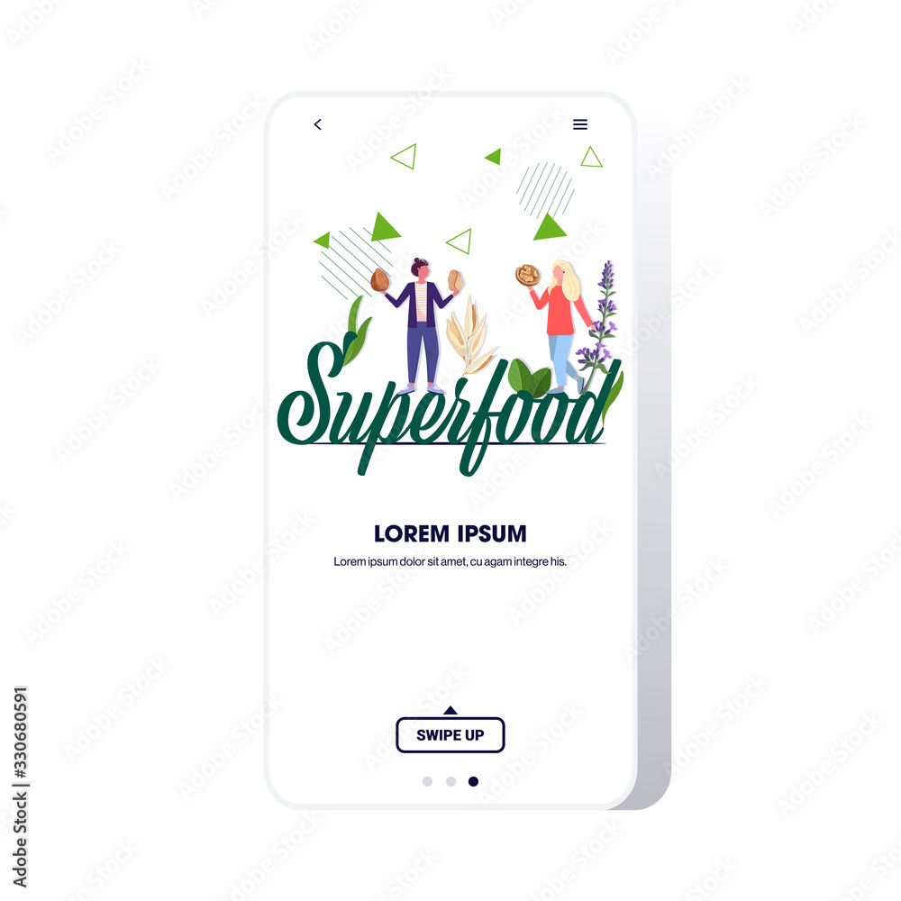 women couple on superfood word holding nuts and herbs healthy lifestyle vegan fresh raw food vegetarian concept smartphone screen mobile app full length copy space vector illustration women couple on superfood word holding nuts and herbs healthy lifestyle vegan fresh raw food vegetarian concept smartphone screen mobile app full length copy space vector illustration