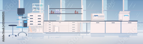 modern lab interior empty no people chemical laboratory with furniture horizontal vector illustration