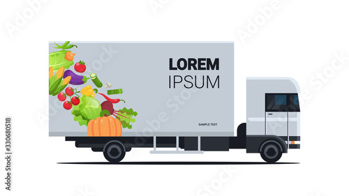 realistic truck trailer with organic vegetables natural vegan farm food delivery service vehicle with fresh veggies horizontal flat vector illustration