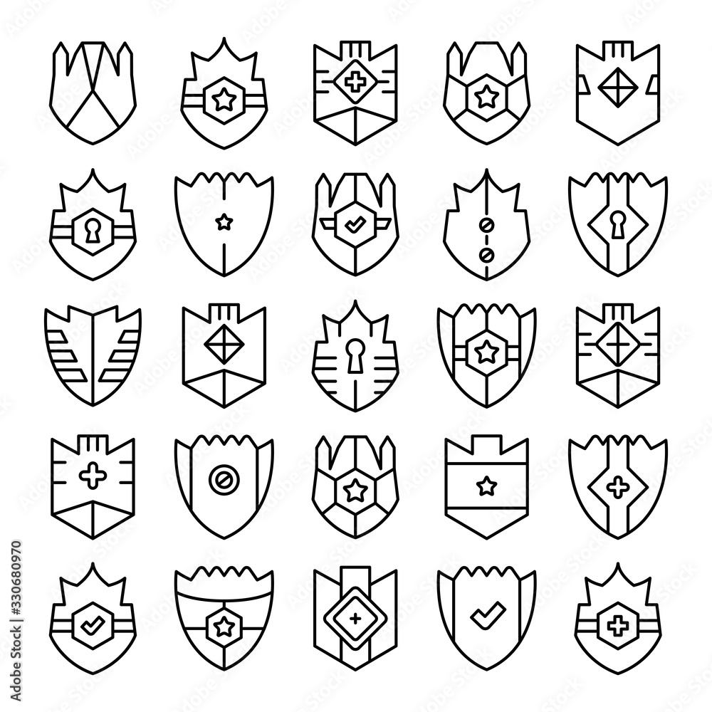 shield, badge and insignia icons set line design shield, badge and insignia icons set line design