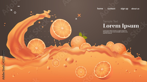fresh orange juice liquid splash realistic splashes healthy fruits splashing waves horizontal copy space vector illustration