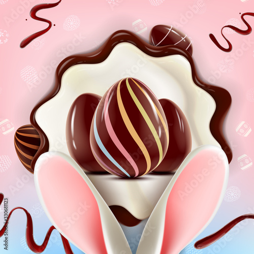 Happy Easter vector background concept with realistic chocolate Easter eggs, bunny ears and flowers. Vector Illustration for spring Holiday ads, and invitations with text space. 
