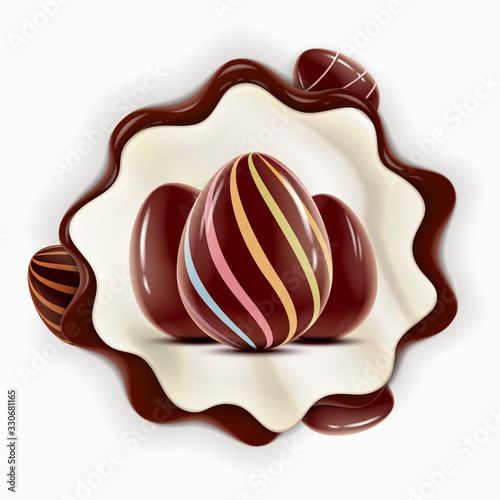 Happy Easter vector background concept with realistic chocolate Easter eggs, bunny ears and flowers. Vector Illustration for spring Holiday ads, and invitations with text space. 